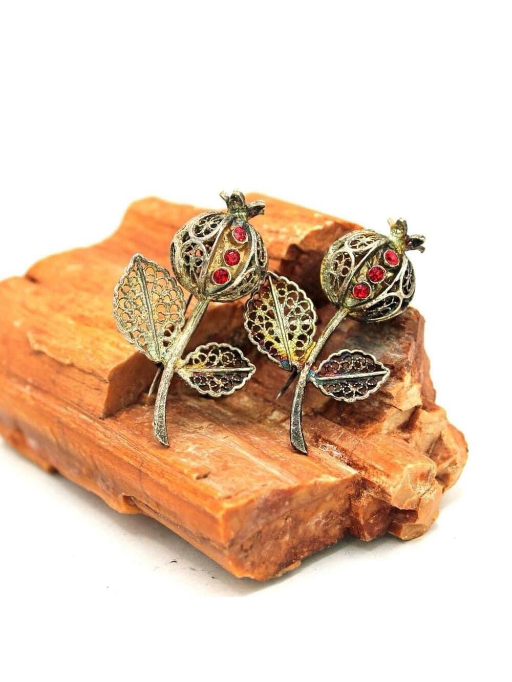Two Filigree Silver-plate Pomegranate Thistle with Red Rhinestone Brooches.